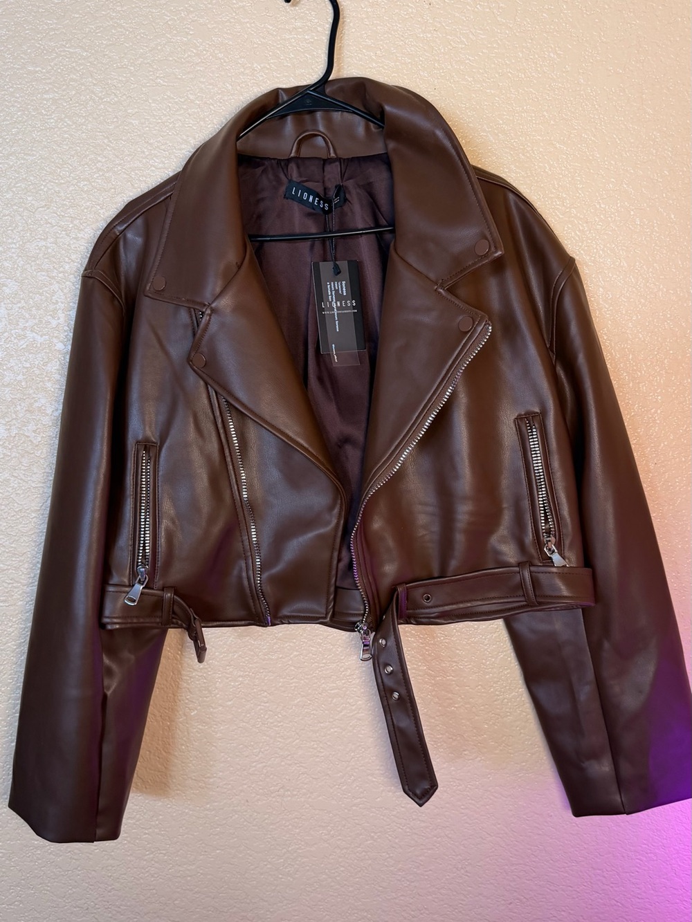 Lioness Dark Brown Faux Leather Cropped Moto Jacket